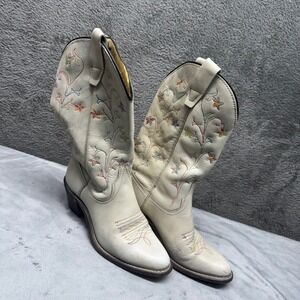 Wranger Womens Cream Embroidered Floral Cowboy‎ Boots Vintage 5.5 USA Made